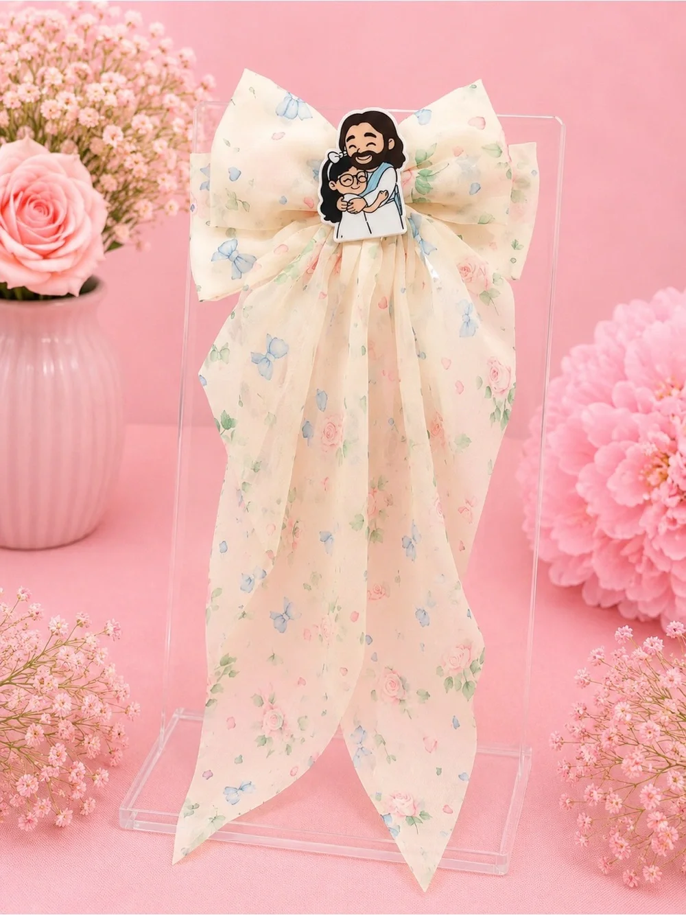 Handmade Christian Floral Chiffon Hair Bow | Jesus & Me Long Tail Bow